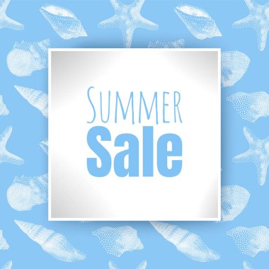 Promosyon için yaz indirimi afişi tasarımı, mavi arkaplan ve karikatür tarzında deniz kabukları, Vector Eps 10 illüstrasyon