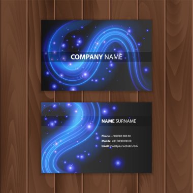 Mavi neon çizgileri olan siyah kartvizit, ahşap bir alt tabakada ziyaret kartı, Vector Eps 10 illüstrasyon