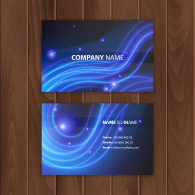 Mavi neon çizgileri olan siyah kartvizit, ahşap bir alt tabakada ziyaret kartı, Vector Eps 10 illüstrasyon