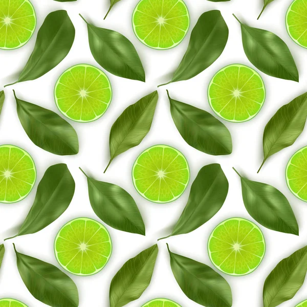 Seamless Endless Pattern with Print of Fresh Lime slices, lime and leaves in realistic style on white background. Can be used in food industry for wallpapers, posters. Vector illustration — ストックベクタ
