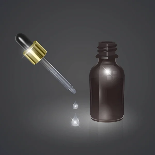 Ilustraciones vectoriales de botellas de aceite esencial de eucalipto 3d con pipeta. Envase realista de eucaliptos con gotero médico o pipeta para publicidad en farmacias . — Archivo Imágenes Vectoriales