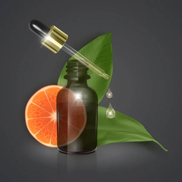 Aceite esencial con naranjas, Vitamina C, ilustración 3D realista. Suero hidratante con extracto de naranjas. Perfecto para publicidad, volante, banner, cartel . — Archivo Imágenes Vectoriales