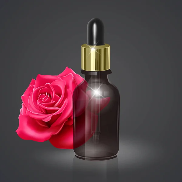 Αιθέριο έλαιο τριαντάφυλλου, ρεαλιστική τρισδιάστατη απεικόνιση. Ενυδατικός ορός με εκχύλισμα τριαντάφυλλου. Ιδανικό για διαφήμιση, φυλλάδιο, πανό, αφίσα. Διάνυσμα EPS 10 — Διανυσματικό Αρχείο
