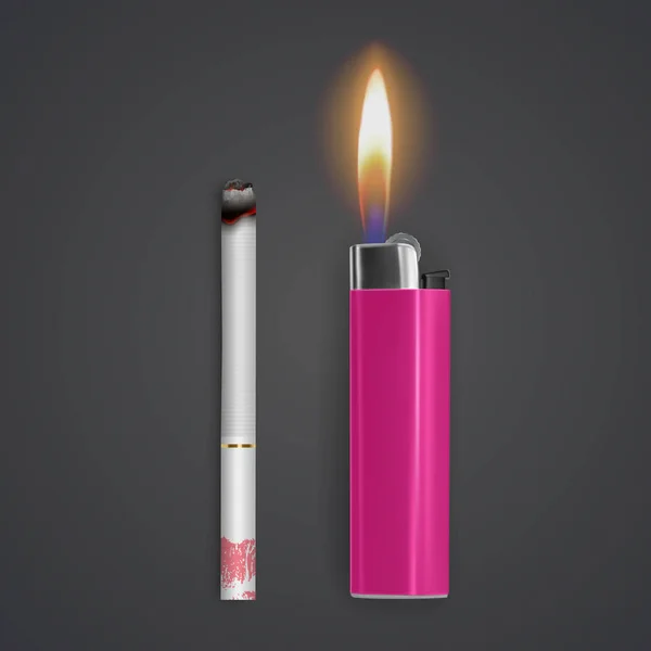 Ensemble de cigarettes réalistes avec imprimé rouge à lèvres isolé sur fond blanc. cigarette et briquet, dépendance féminine. Illustration vectorielle — Image vectorielle