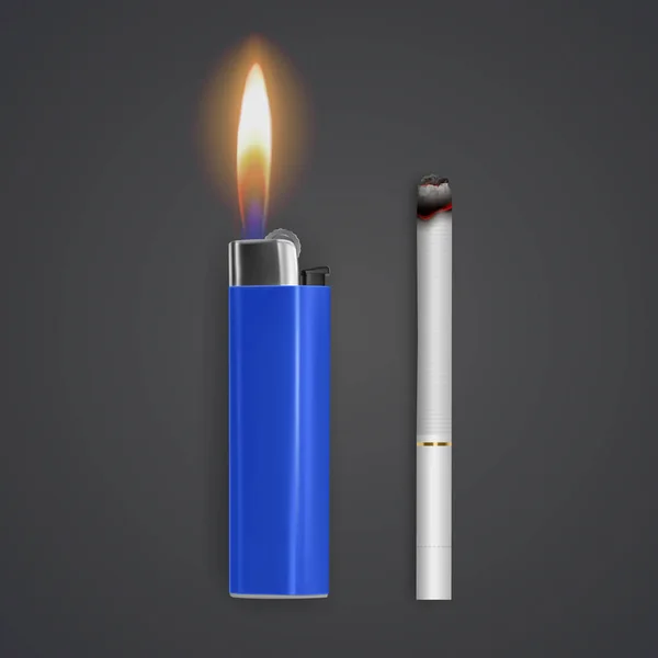 Realistic cigarette and lighter on white background, Tobacco. Narcotic problem concept, Vector Eps 10 illustration — ストックベクタ