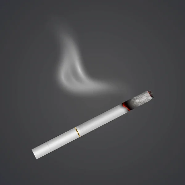 Cigarrillo realista con humo, fuego aislado en el fondo. Tabaco. Concepto de problema narcótico, Vector Eps 10 ilustración — Vector de stock