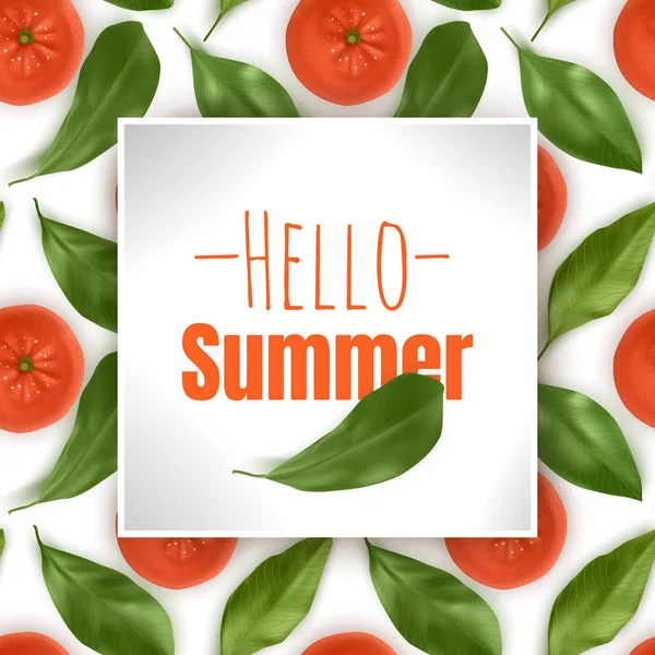 Hallo Sommer, Inschrift auf dem Hintergrund mit Orangen und Blättern. Vektor-Illustration auf nahtlosem Hintergrund. — Stockvektor