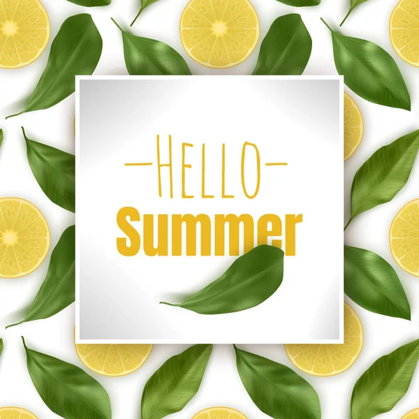 Hello Summer, inscription on the background with Lemons and leaves. Vector EPS 10 illustration on seamless background.