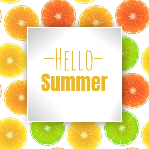 Hola verano, inscripción en el fondo con rodajas de naranja fresca, lima y limón en estilo de dibujos animados. Ilustración vectorial sobre fondo transparente . — Archivo Imágenes Vectoriales