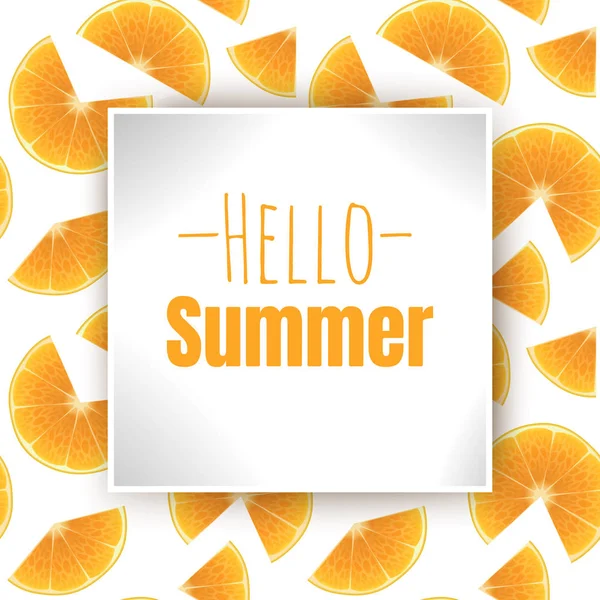 Hola Summer, inscripción en el fondo con rodajas de naranja fresca en estilo de dibujos animados. Vector EPS 10 ilustración sobre fondo sin costuras . — Archivo Imágenes Vectoriales