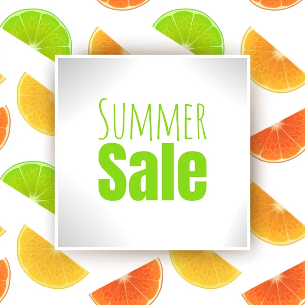 Summer sale banner design for promotion, colorful background with Fresh orange slices, lime and lemon in cartoon style, Vector EPS 10 illustration