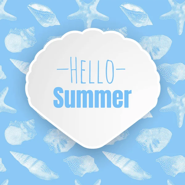 Hola verano, inscripción en el fondo con color azul y conchas de mar en estilo de dibujos animados. Ilustración vectorial sobre fondo transparente . — Archivo Imágenes Vectoriales