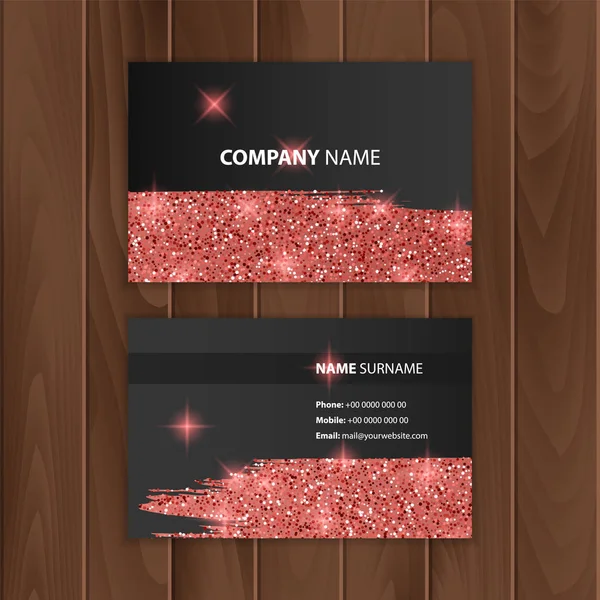 Tarjeta de visita negra con textura brillante de color rojo, tarjeta de visita sobre un sustrato de madera, ilustración Vector EPS 10 — Vector de stock