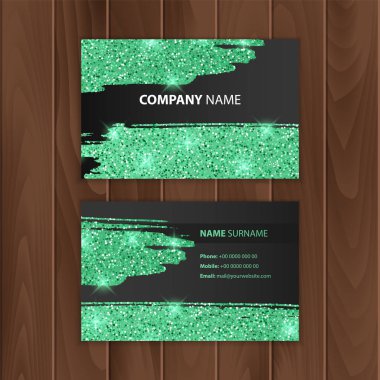 Yeşil desenli siyah kartvizit, ahşap bir alt tabaka üzerinde ziyaret kartı, Vektör Eps 10 illüstrasyon