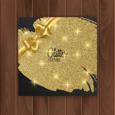 Altın desenli ve altın fiyonklu tebrik kartı kapağı. Tahta bir alt katmanda kartpostal, Eps 10 illüstrasyon vektörü