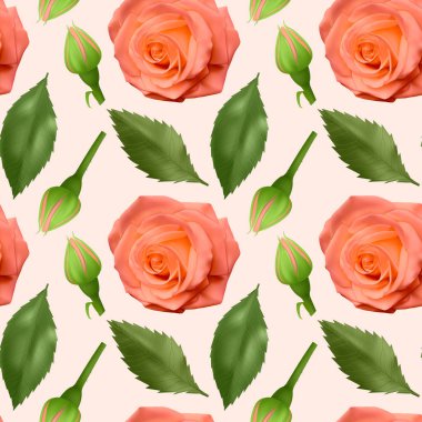 Gül ve yapraklar, parlak Turuncu gül ler ve yeşil yapraklar ile dikişsiz, sonsuz desen dikişsiz arka plan, ambalaj için tasarım. Vektör çizimi