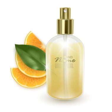 Turuncu dilimler arka plan, dispenser ile gerçekçi kavanoz, turuncu aroması ile parfüm, vektör Eps 10 illüstrasyon ile turuncu parfüm ile Kavanoz