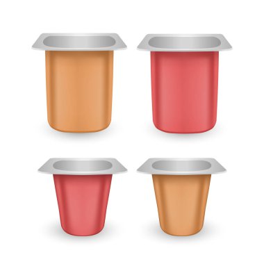 Yoğurt veya tatlı Gerçekçi vektör plastik konteyner seti, boş paketler açıldı, Reklam afişi için Unsurlar, gıda promosyon afiş, beyaz Vektör illüstrasyon