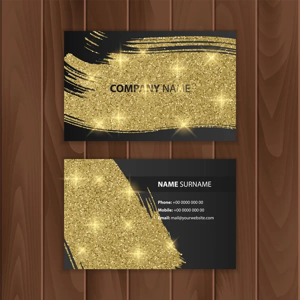 Cartão de visita preto com textura brilhante de cor dourada, cartão de visita em um substrato de madeira, ilustração Vector EPS 10 — Vetor de Stock