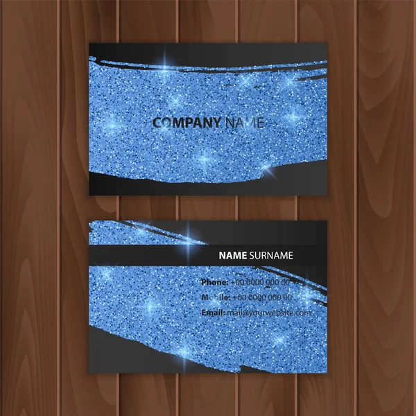 Cartão de visita preto com textura brilhante de cor azul, cartão de visita em um substrato de madeira, ilustração Vector EPS 10 — Vetor de Stock
