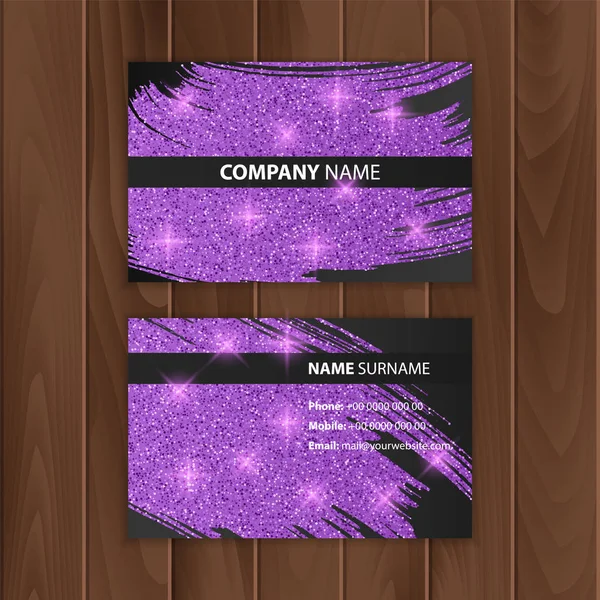 Tarjeta de visita negra con textura brillante de color púrpura, tarjeta de visita sobre un sustrato de madera, ilustración Vector EPS 10 — Vector de stock