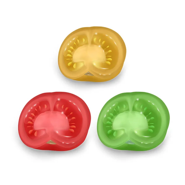 Ensemble de tomates mûres isolées sur fond blanc, Ensemble de tomates de couleurs rouge, vert et jaune dans un style réaliste, illustration vectorielle — Image vectorielle