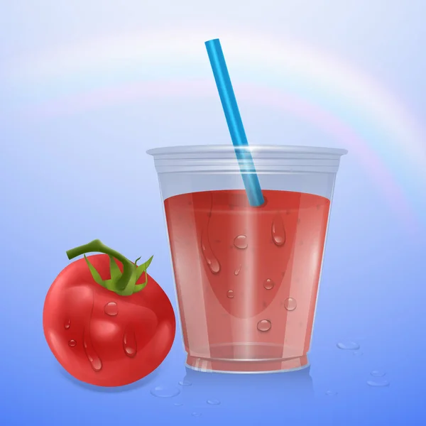 Макет соку ізольований на синьому фоні, 3d ілюстрація. Реалістична пластикова чашка томатного соку та стиглий помідор Векторні ілюстрації — стоковий вектор