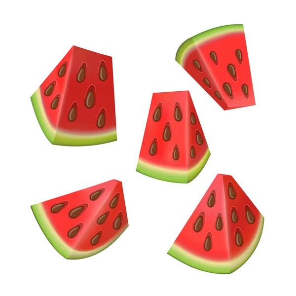 Set de vectores de sandía de color rojo, sandía con semillas negras. Frutas tropicales jugosas de verano. Ilustración vectorial con rodajas de sandías — Archivo Imágenes Vectoriales
