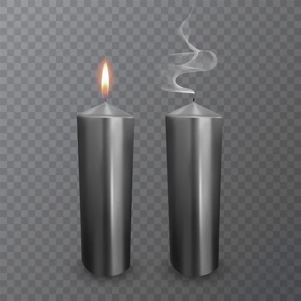 Candele realistiche di colore nero, candele accese ed estinte su sfondo scuro, paraffina o cera su sfondo trasparente. Illustrazione vettoriale — Vettoriale Stock