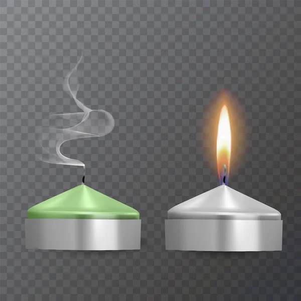 Realistyczne świece w kolorach zielonym i białym, palące i gaszone świece na ciemnym tle, parafina lub wosk na przezroczystym tle. Ilustracja wektora — Wektor stockowy