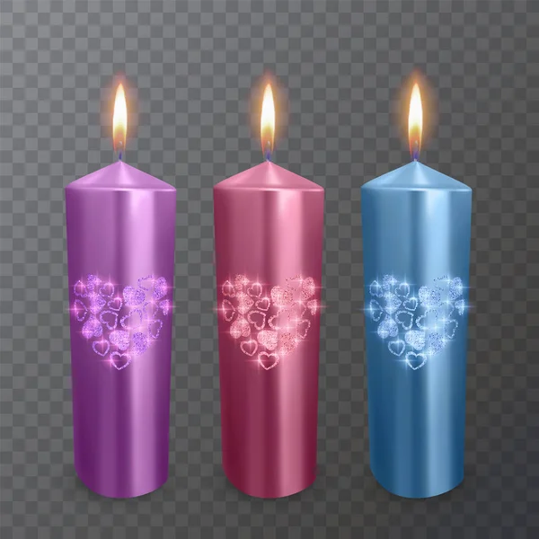 Set of realistic candles of purple, red and blue colors with a shiny coating of hearts, suitable for a romantic dinner, burning candles on transparent background, vector illustration — Stock Vector