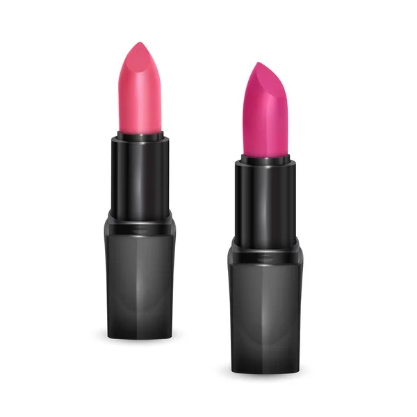 Set de lápices labiales realistas de color rosa brillante y rosa claro aislados sobre fondo blanco — Vector de stock