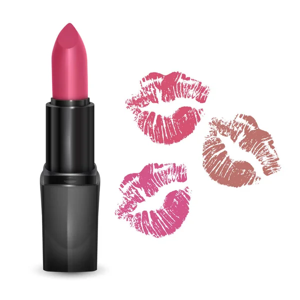 Realistic lipstick bright pink color kissing prints of different colors isolated on white background — ストックベクタ