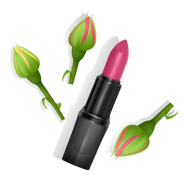 Rouge à lèvres de couleur rose vif dans le style réaliste sur un fond de roses rouges, vue de dessus, produit cosmétique Premium. Illustration vectorielle — Image vectorielle