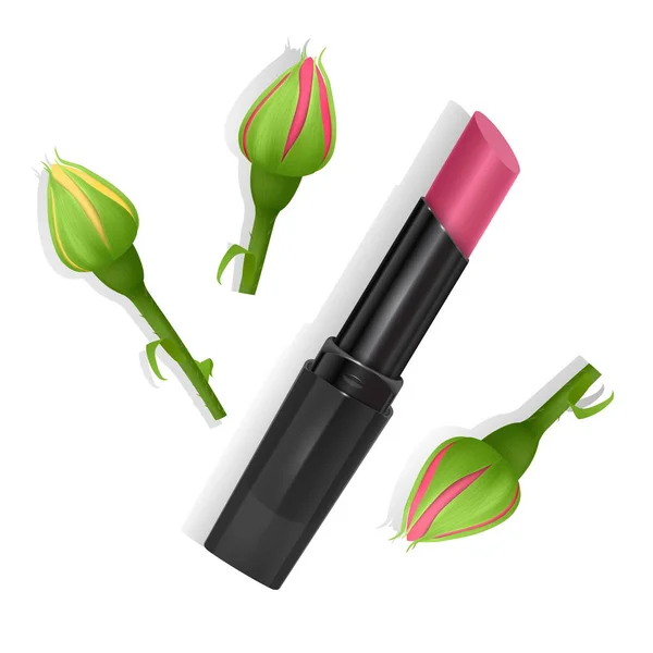 Rouge à lèvres de couleur rose vif dans le style réaliste sur un fond de roses rouges, vue de dessus, produit cosmétique Premium. Illustration vectorielle — Image vectorielle