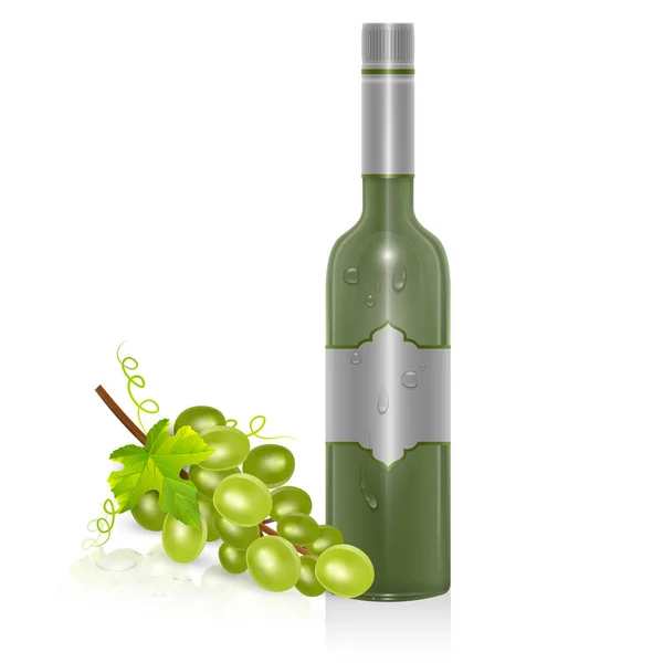 Botella de vino blanco y racimo de uvas aisladas sobre fondo blanco, ilustración vectorial en estilo realista — Archivo Imágenes Vectoriales