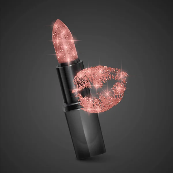 Lipstick of skin color and kissing print, realistic lipstick with glittering texture isolated on white background, Premium cosmetic product, vector illustration — ストックベクタ