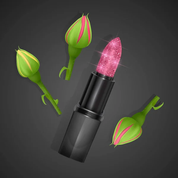 Rouge à lèvres de couleur rose vif avec une texture scintillante dans le style réaliste sur un fond de roses rouges, vue de dessus, produit cosmétique Premium. Illustration vectorielle — Image vectorielle