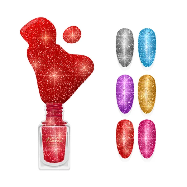Set of false nails for manicure with glittering texture and realistic Red polish, manicure accessories on white background