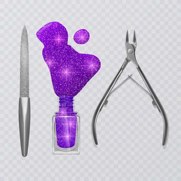 Vector illustration with manicure tools, purple nail polish, nail file and realistic cuticle remover clippers — ストックベクタ