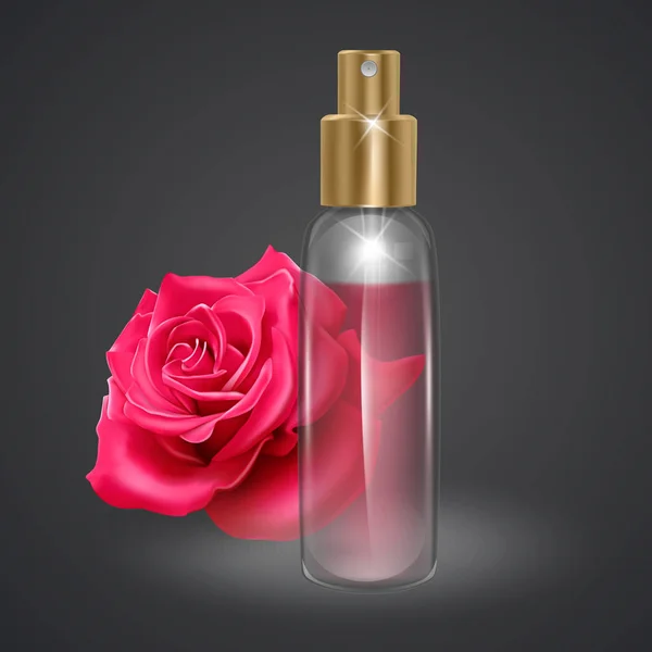 Botella de aceite de rosa sobre fondo oscuro, vial de vidrio con suero facial profesional sobre fondo de rosa roja, ilustración vectorial realista — Vector de stock