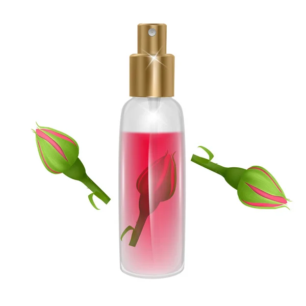 Botella de aceite de rosa sobre fondo blanco, vial de vidrio con suero facial profesional sobre fondo de rosa roja, ilustración vectorial realista — Vector de stock