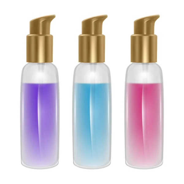 Set de botellas de perfume sobre fondo blanco. Frasco de perfume con líquido rosa, azul y púrpura, plantillas para la marca de perfume o aceite, vector EPS 10 — Vector de stock
