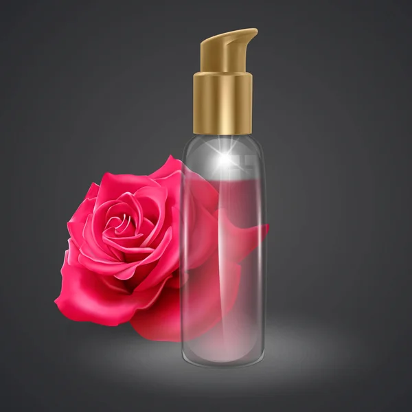 Flasche Rosenöl auf dunklem Hintergrund, Glasfläschchen mit professionellem Gesichtsserum auf rotem Rosenhintergrund, realistische Vektorillustration — Stockvektor