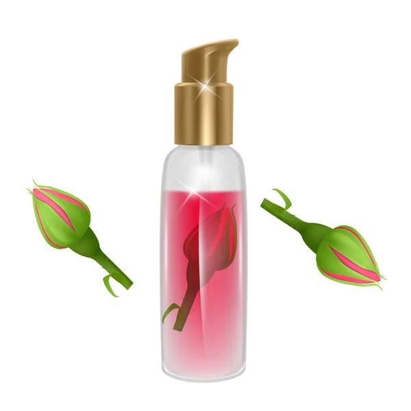 Bottiglia di olio di rosa su sfondo bianco, flaconcino di vetro con siero facciale professionale su sfondo rosa rossa, illustrazione vettoriale — Vettoriale Stock