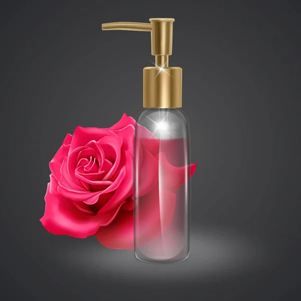 Bottiglia di olio di rosa su sfondo scuro, flaconcino di vetro con siero facciale professionale su sfondo rosa rossa, illustrazione vettoriale realistica — Vettoriale Stock