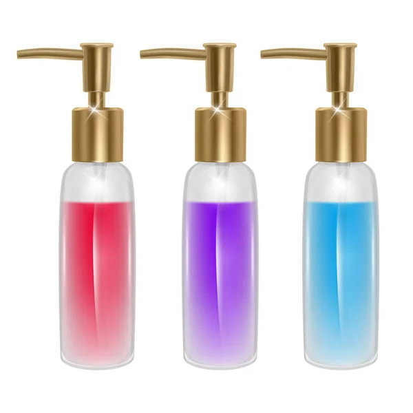 Parfüm palack készlet fehér háttérrel. Parfümös üveg rózsaszín, kék és lila folyadékkal, parfüm vagy olaj márkájú sablonok, Eps 10 vektor — Stock Vector