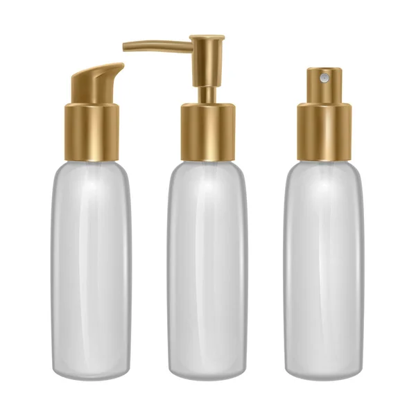 Conjunto de frascos de vidrio para perfume o aceite, frascos transparentes, plantillas para marca de perfume o aceite, ilustración vectorial realista — Vector de stock