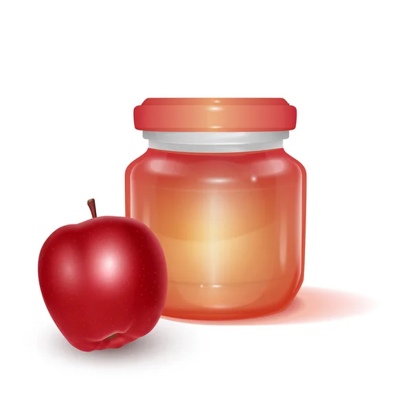 Vaso di vetro con marmellata di mele su sfondo chiaro, Etichetta per marmellata. Mockup per il vostro vettore realistico di marca EPS 10 illustrazione — Vettoriale Stock