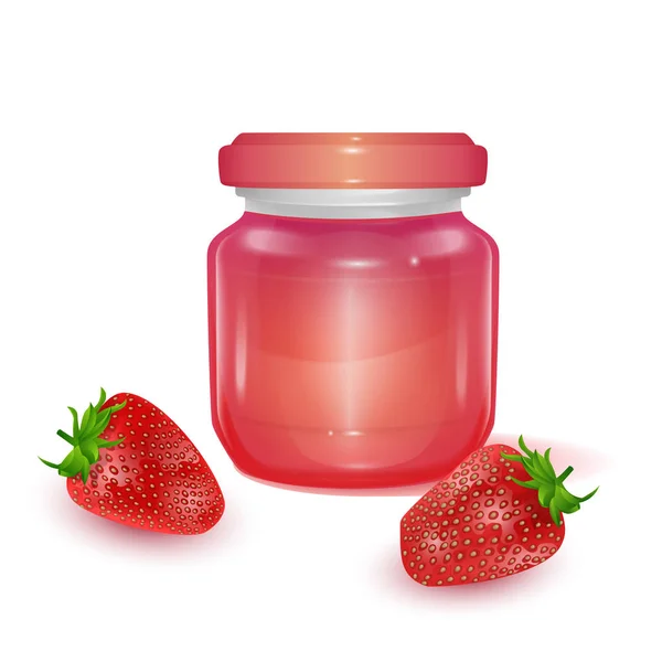 Pot en verre avec confiture de fraises sur fond clair, Étiquette pour confiture. Mockup pour votre illustration vectorielle réaliste EPS 10 de marque — Image vectorielle